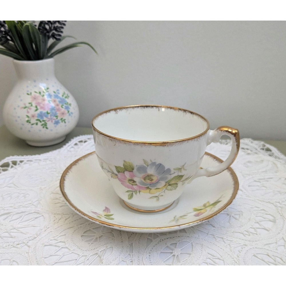 Vintage Bone China Teacup and Saucer Set, Salisbury England Floral‎ Cup